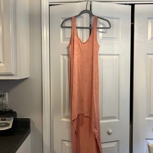Salmon colored high low dress. Super silky smooth, polyester and spandex blend.